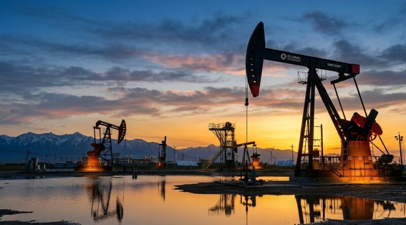 Silhouette of oil pumpjacks at sunset with mountains in background, representing rising global oil prices in 2026