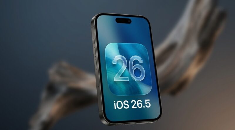 A sleek 3D render of a dark titanium iPhone displaying a glass-morphism style iOS 26.5 logo against a moody, blurred background.